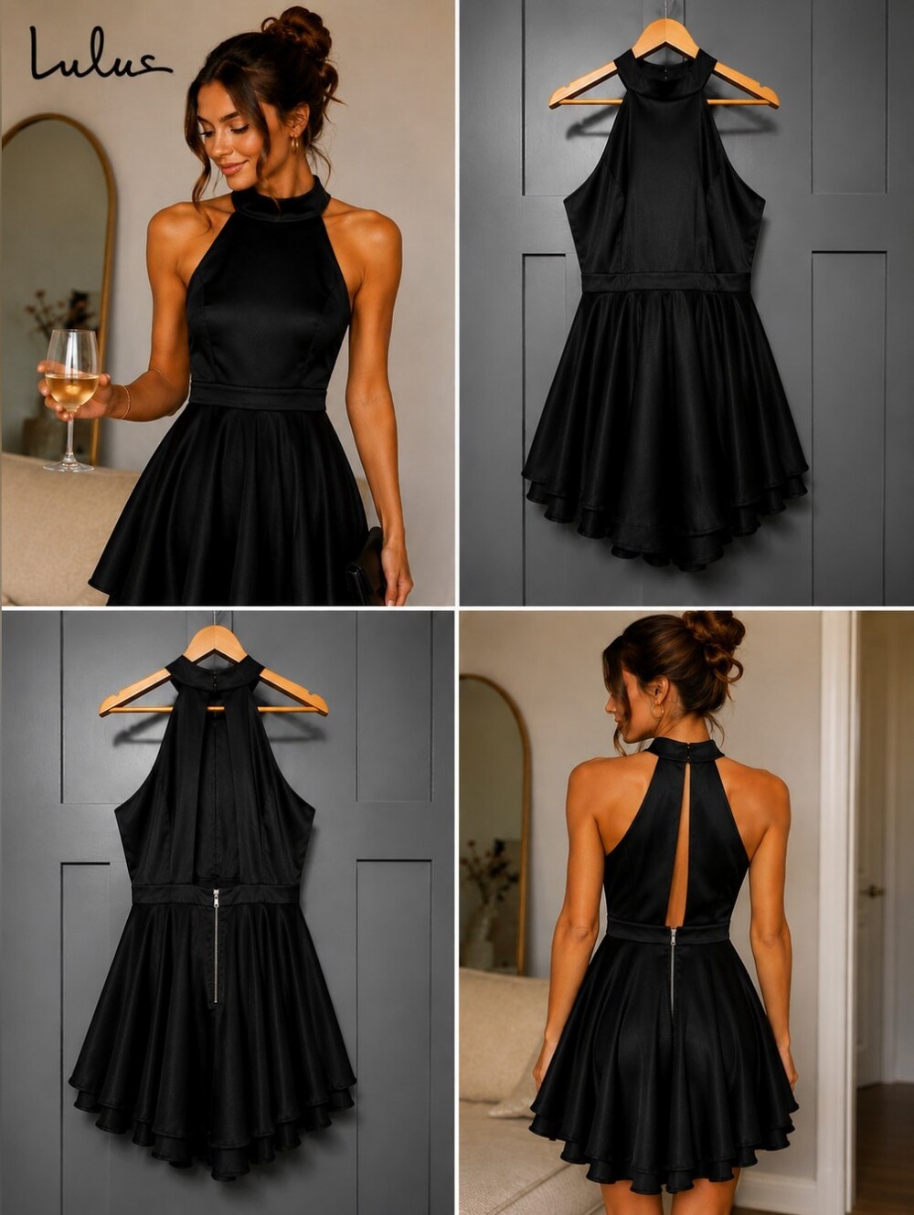 Lulus Black Halter Fit & Flare Skater Dress Open Back Mini Size L